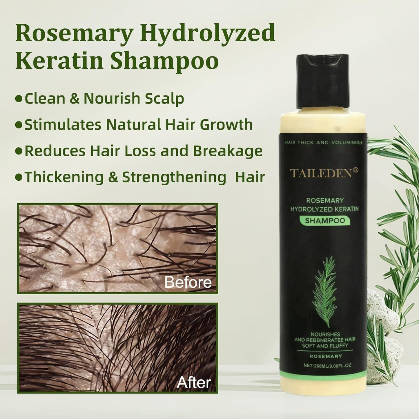 TAILEDEN® Rosemary Hydrolyzed Keratin Shampoo – Gentle Daily Scalp Care for Dry, Sensitive Scalp